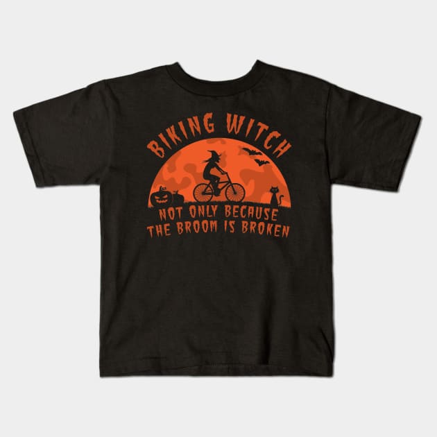 Biking Witch Halloween Biking Couple Kids T-Shirt by crackdesign